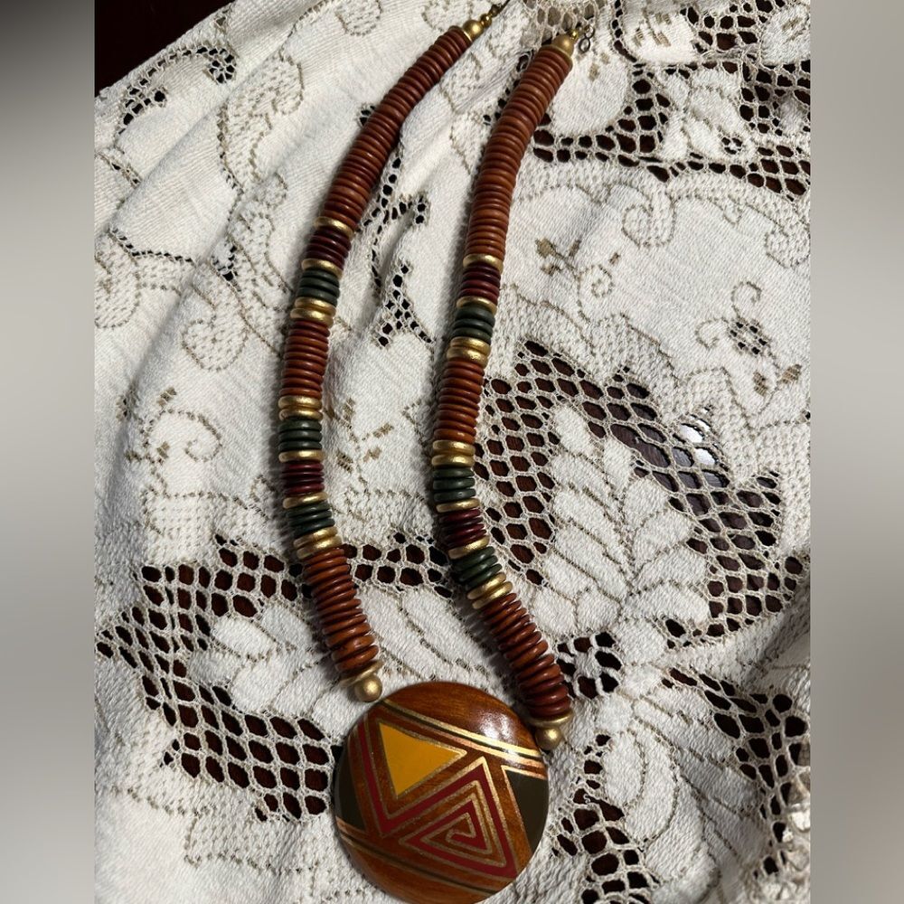 Vintage Wooden Statement stacked necklace with painted artistic design